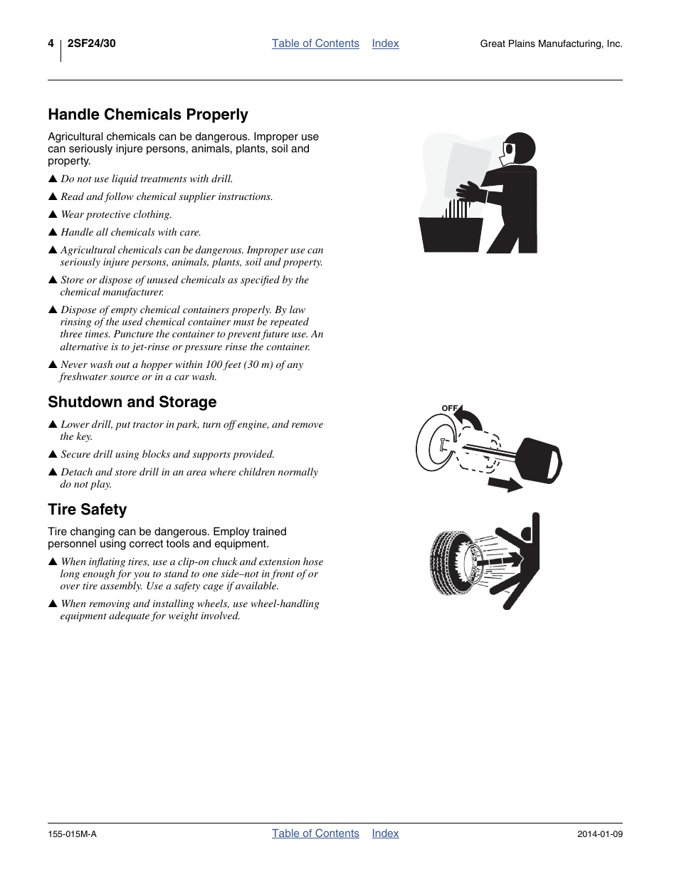 Handle chemicals properly, Shutdown and storage, Tire safety | Great Plains 2SF30 Operator Manual User Manual | Page 8 / 90
