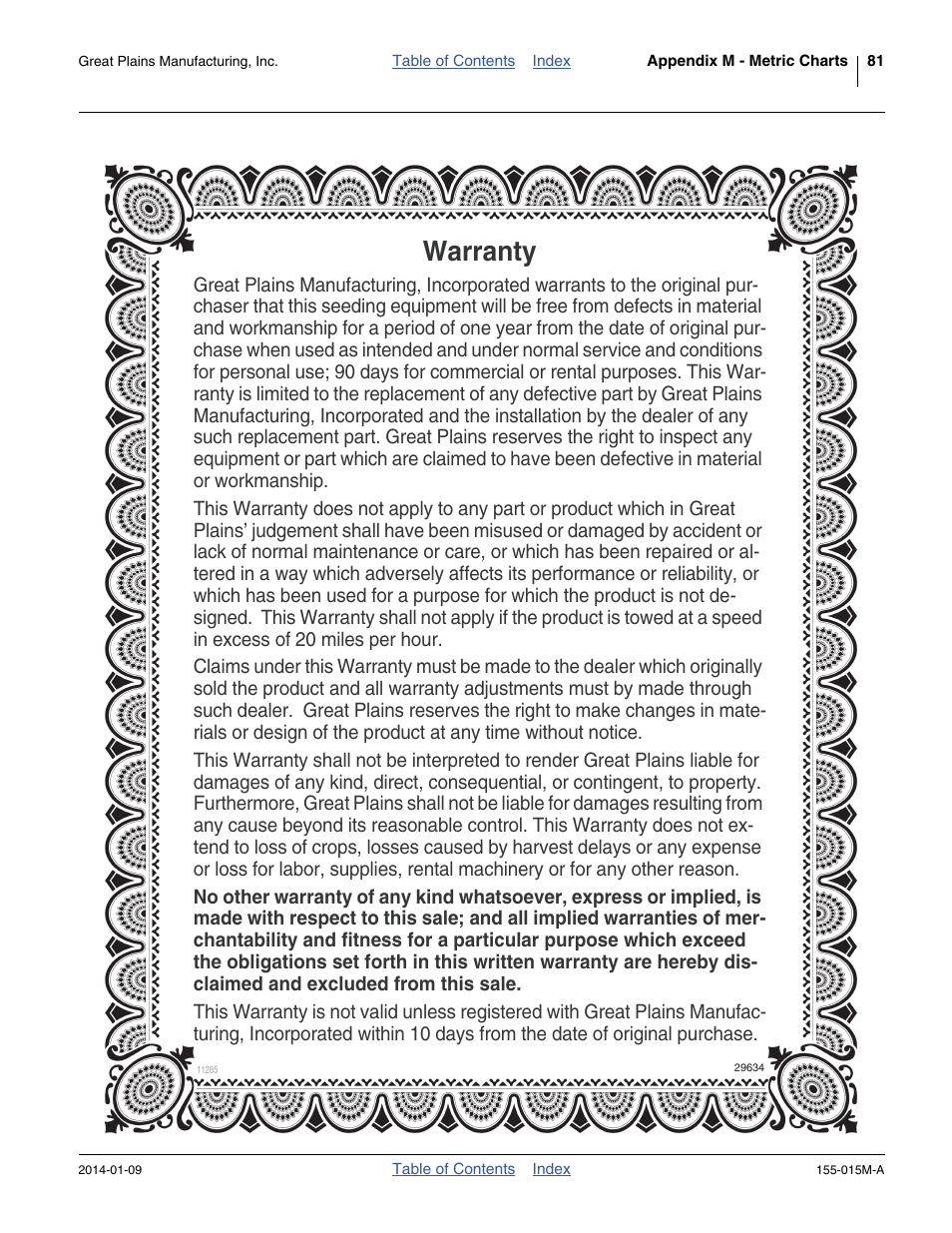 Warranty | Great Plains 2SF30 Operator Manual User Manual | Page 85 / 90