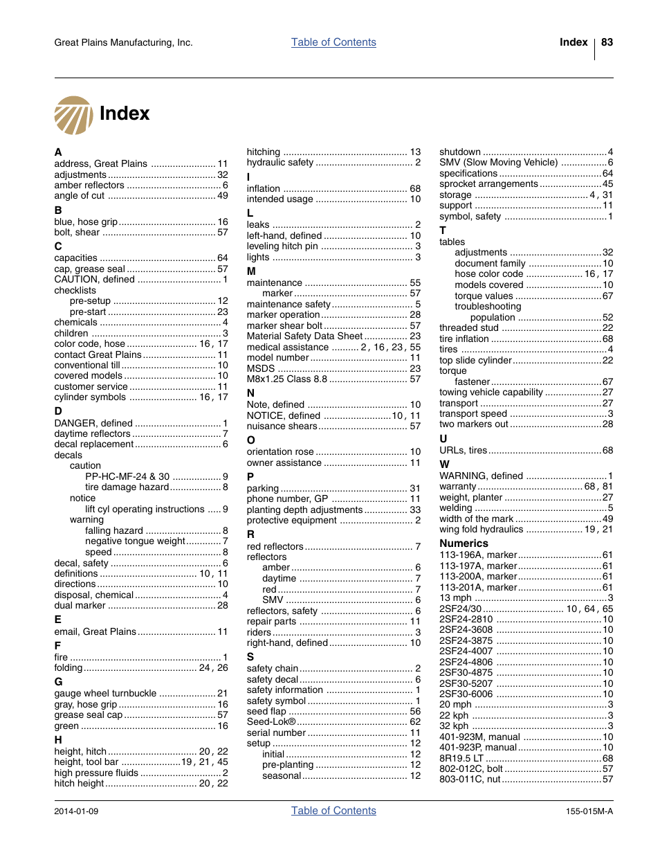 Index | Great Plains 2SF30 Operator Manual User Manual | Page 87 / 90