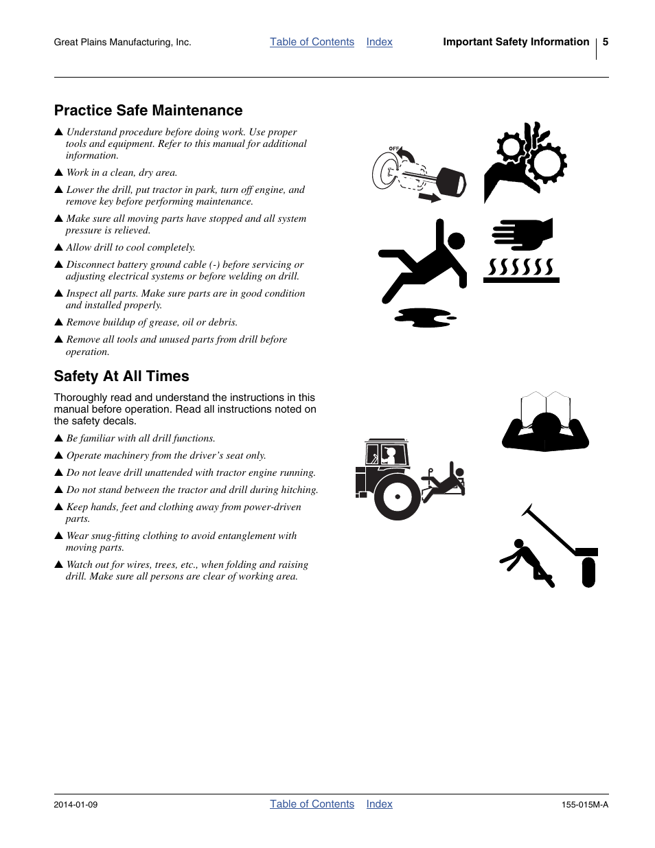 Practice safe maintenance, Safety at all times | Great Plains 2SF30 Operator Manual User Manual | Page 9 / 90