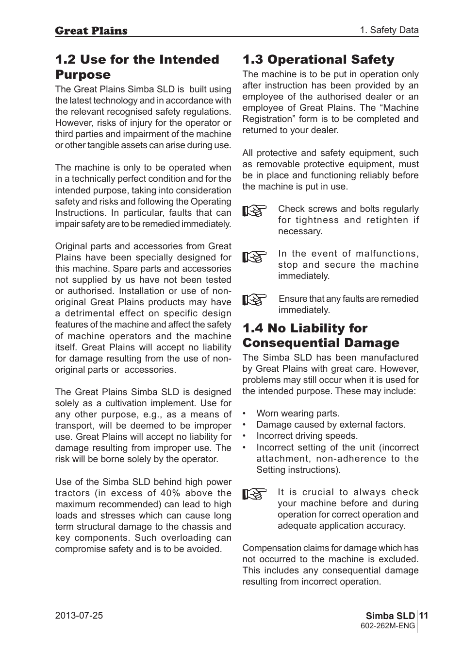 3 operational safety, 4 no liability for consequential damage, 2 use for the intended purpose | Great Plains SLD350 Operator Manual User Manual | Page 11 / 40