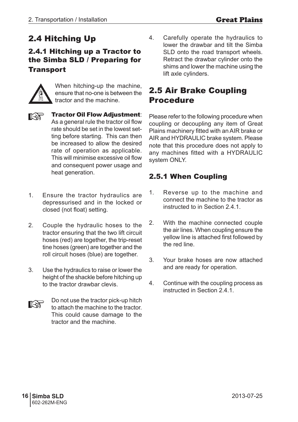 4 hitching up, 5 air brake coupling procedure | Great Plains SLD350 Operator Manual User Manual | Page 16 / 40