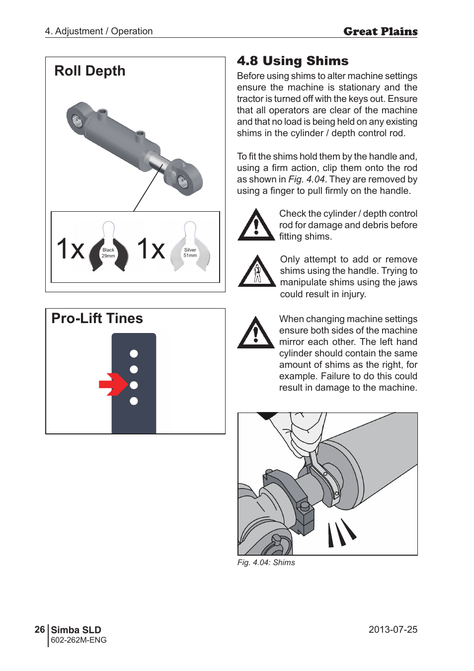 Roll depth pro-lift tines, 8 using shims | Great Plains SLD350 Operator Manual User Manual | Page 26 / 40