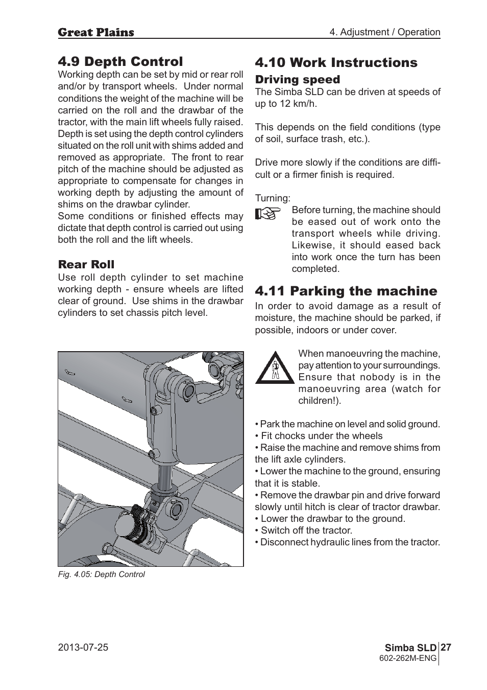 11 parking the machine, 9 depth control, 10 work instructions | Great Plains SLD350 Operator Manual User Manual | Page 27 / 40