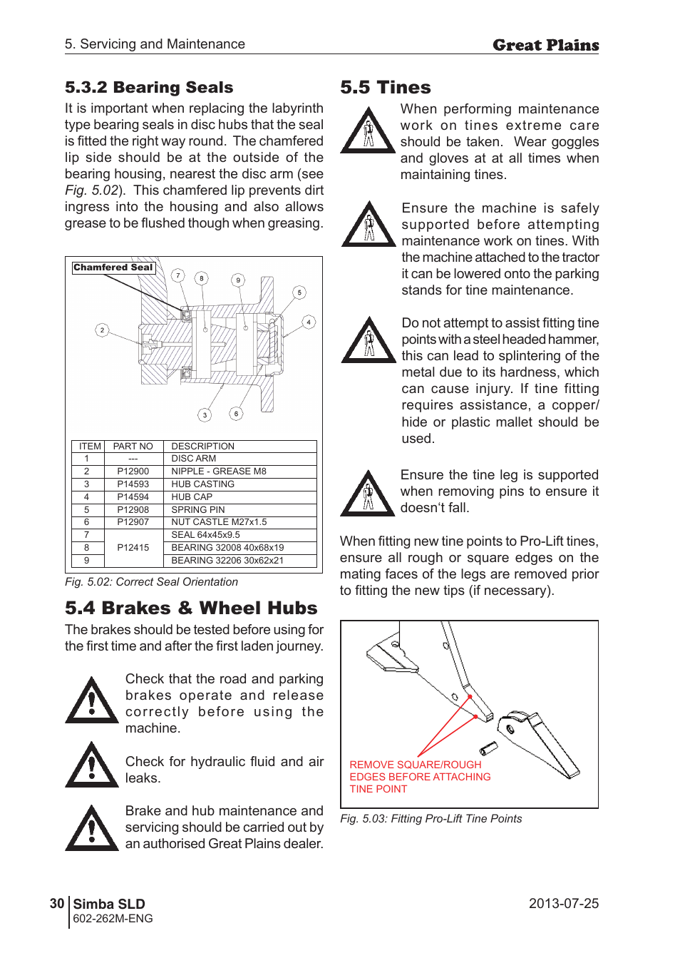 5 tines, 4 brakes & wheel hubs, 2 bearing seals | Great Plains SLD350 Operator Manual User Manual | Page 30 / 40