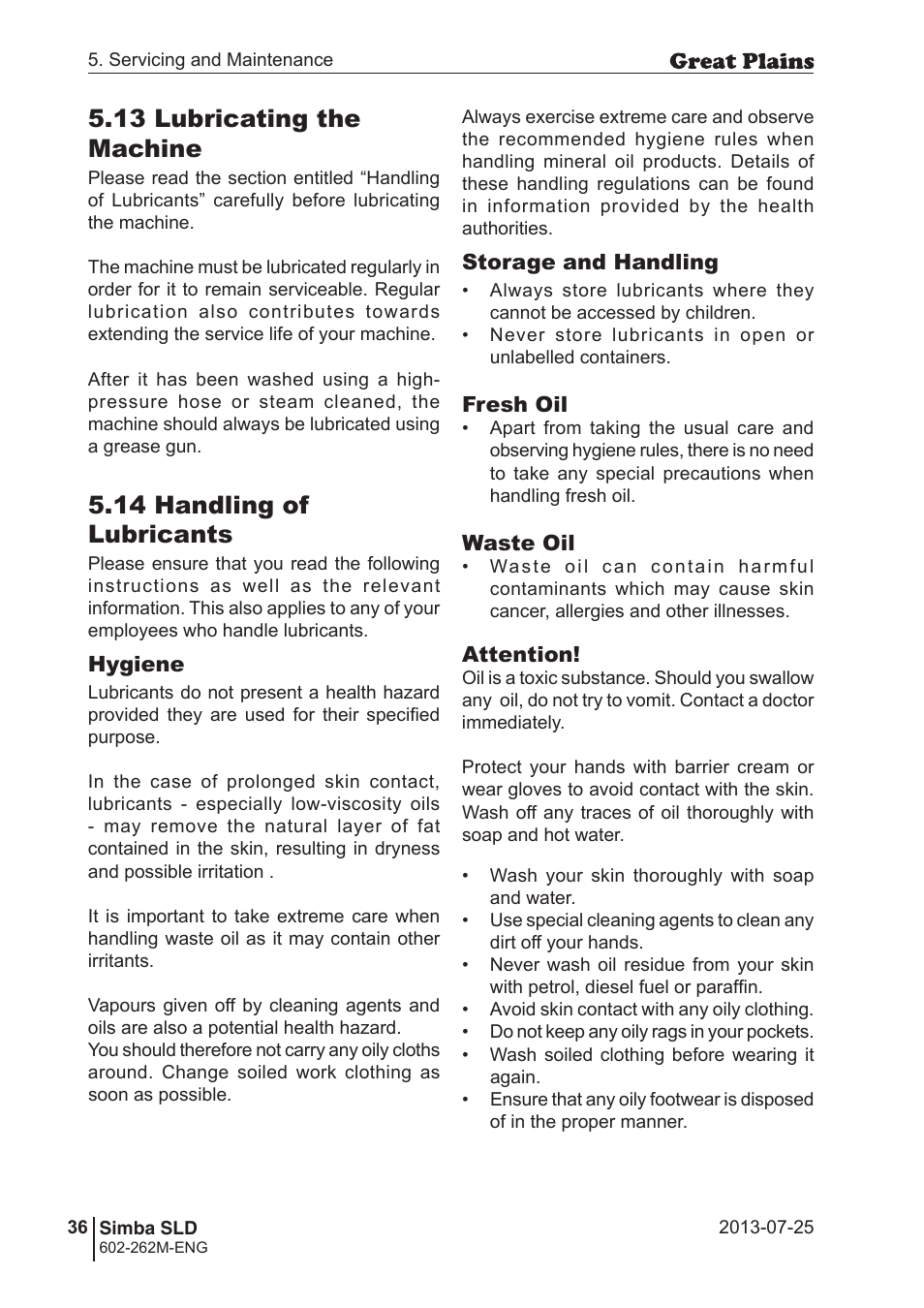 13 lubricating the machine, 14 handling of lubricants | Great Plains SLD350 Operator Manual User Manual | Page 36 / 40