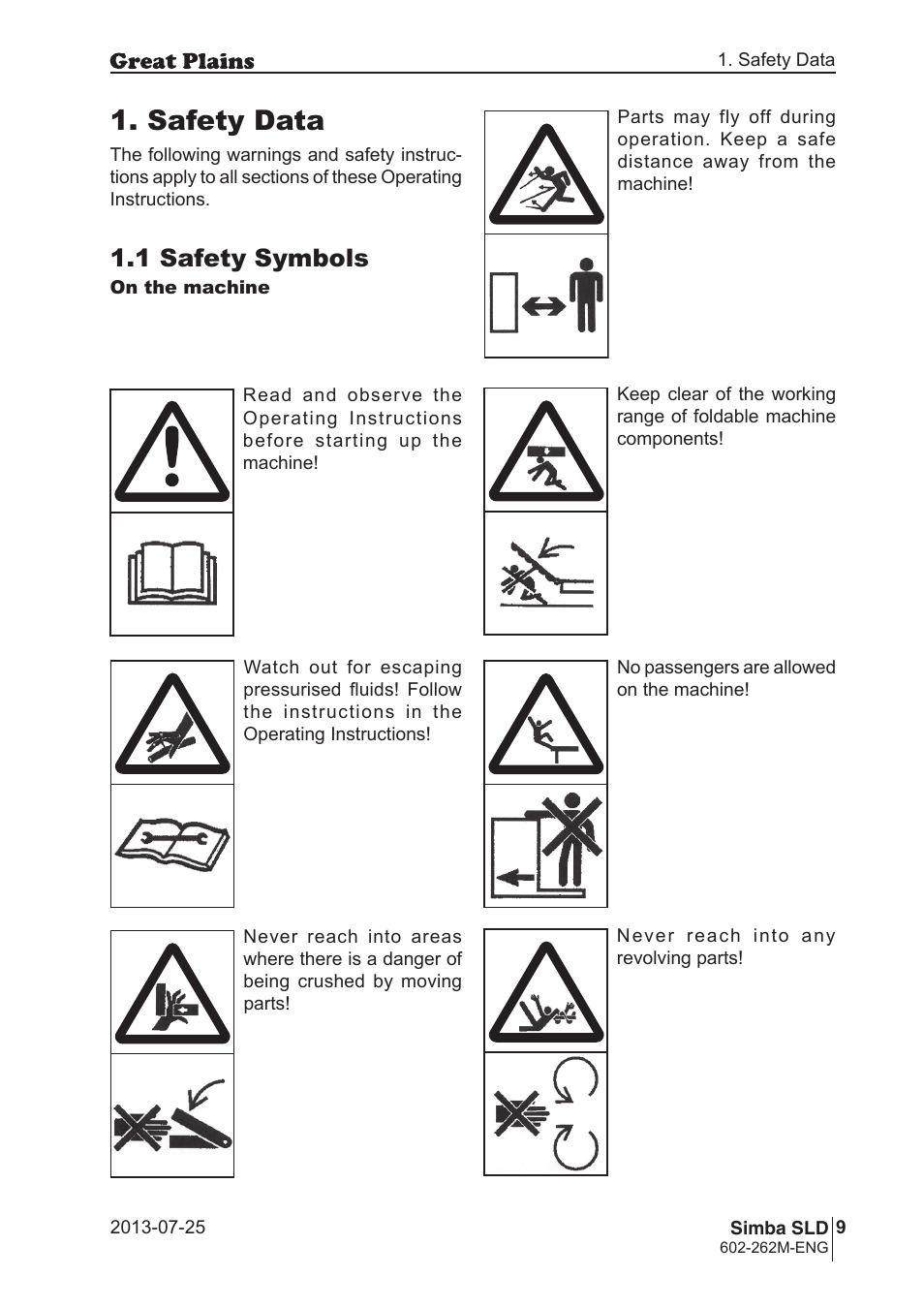 Safety data, 1 safety symbols | Great Plains SLD350 Operator Manual User Manual | Page 9 / 40