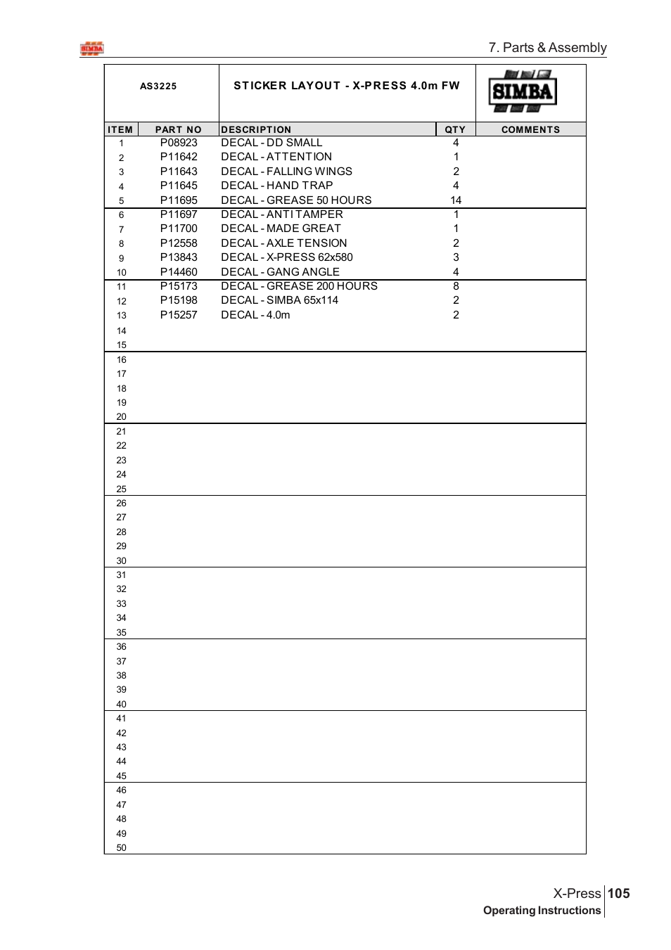 105 x-press, Parts & assembly | Great Plains X-PresS 2008 Assembly Instructions User Manual | Page 71 / 72