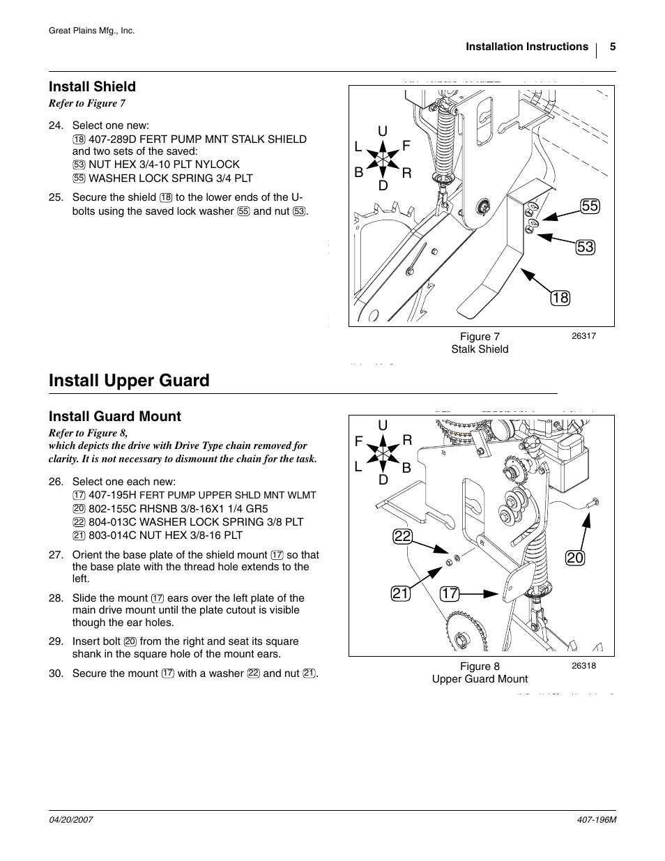 Install shield, Install upper guard, Install guard mount | Great Plains YP Fertilizer Ground Drive Update Kit User Manual | Page 5 / 8