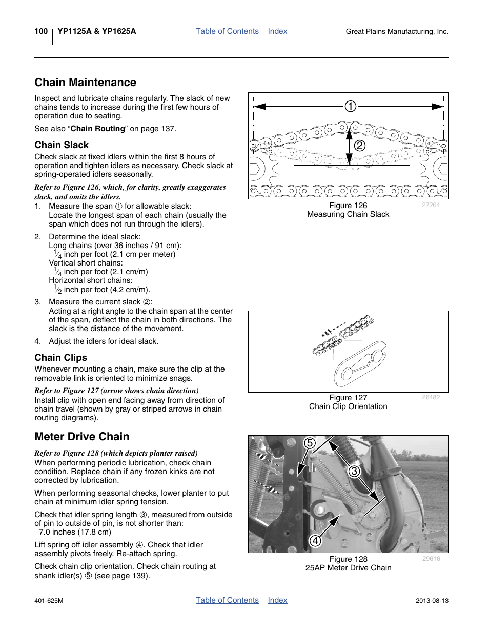 Chain maintenance, Chain slack, Chain clips | Meter drive chain, Chain maintenance meter drive chain | Great Plains YP1625A Operator Manual User Manual | Page 104 / 172