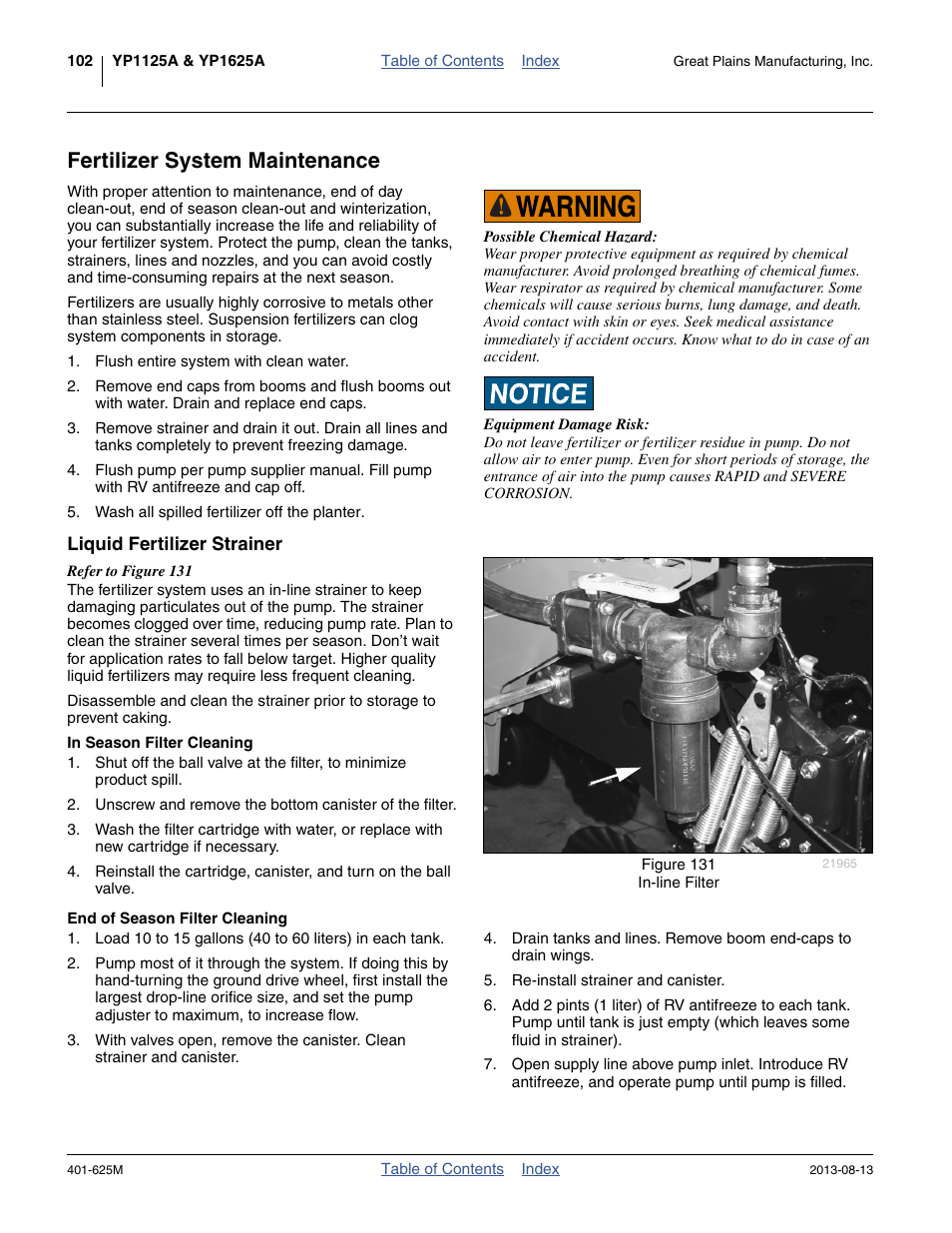 Fertilizer system maintenance, Liquid fertilizer strainer, In season filter cleaning | End of season filter cleaning | Great Plains YP1625A Operator Manual User Manual | Page 106 / 172