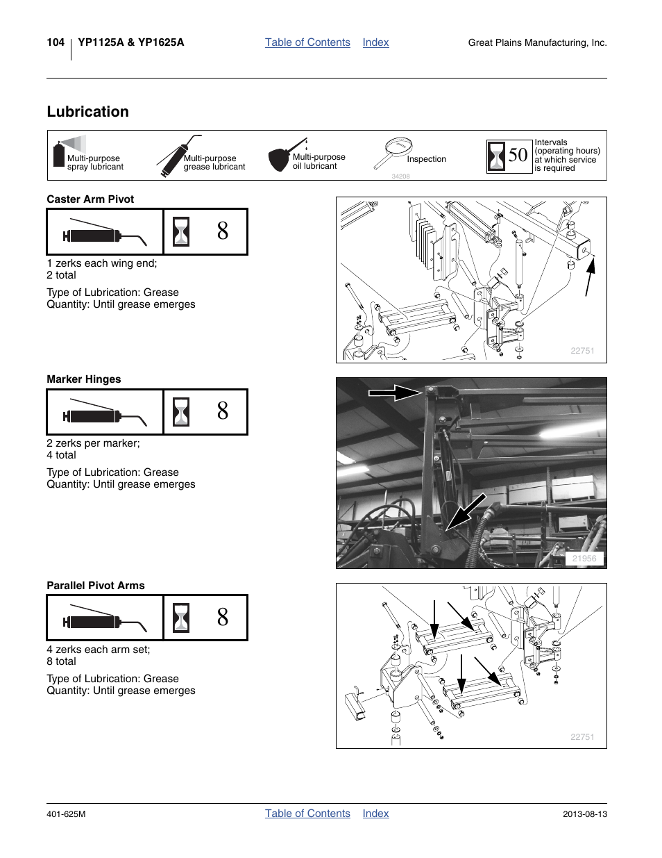 Lubrication, Caster arm pivot, Marker hinges | Parallel pivot arms | Great Plains YP1625A Operator Manual User Manual | Page 108 / 172