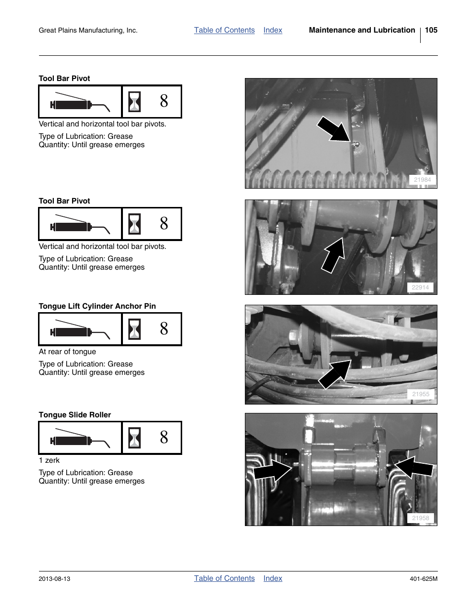 Tool bar pivot, Tongue lift cylinder anchor pin, Tongue slide roller | Great Plains YP1625A Operator Manual User Manual | Page 109 / 172