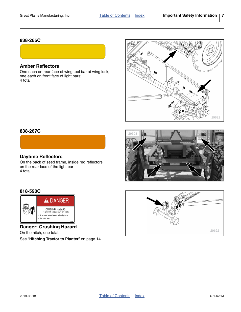 265c amber reflectors, 267c daytime reflectors, 590c danger: crushing hazard | Great Plains YP1625A Operator Manual User Manual | Page 11 / 172