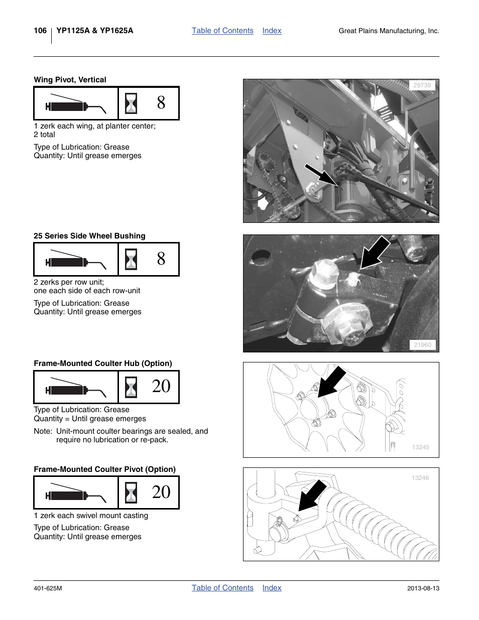 Wing pivot, vertical, 25 series side wheel bushing, Frame-mounted coulter hub (option) | Frame-mounted coulter pivot (option) | Great Plains YP1625A Operator Manual User Manual | Page 110 / 172