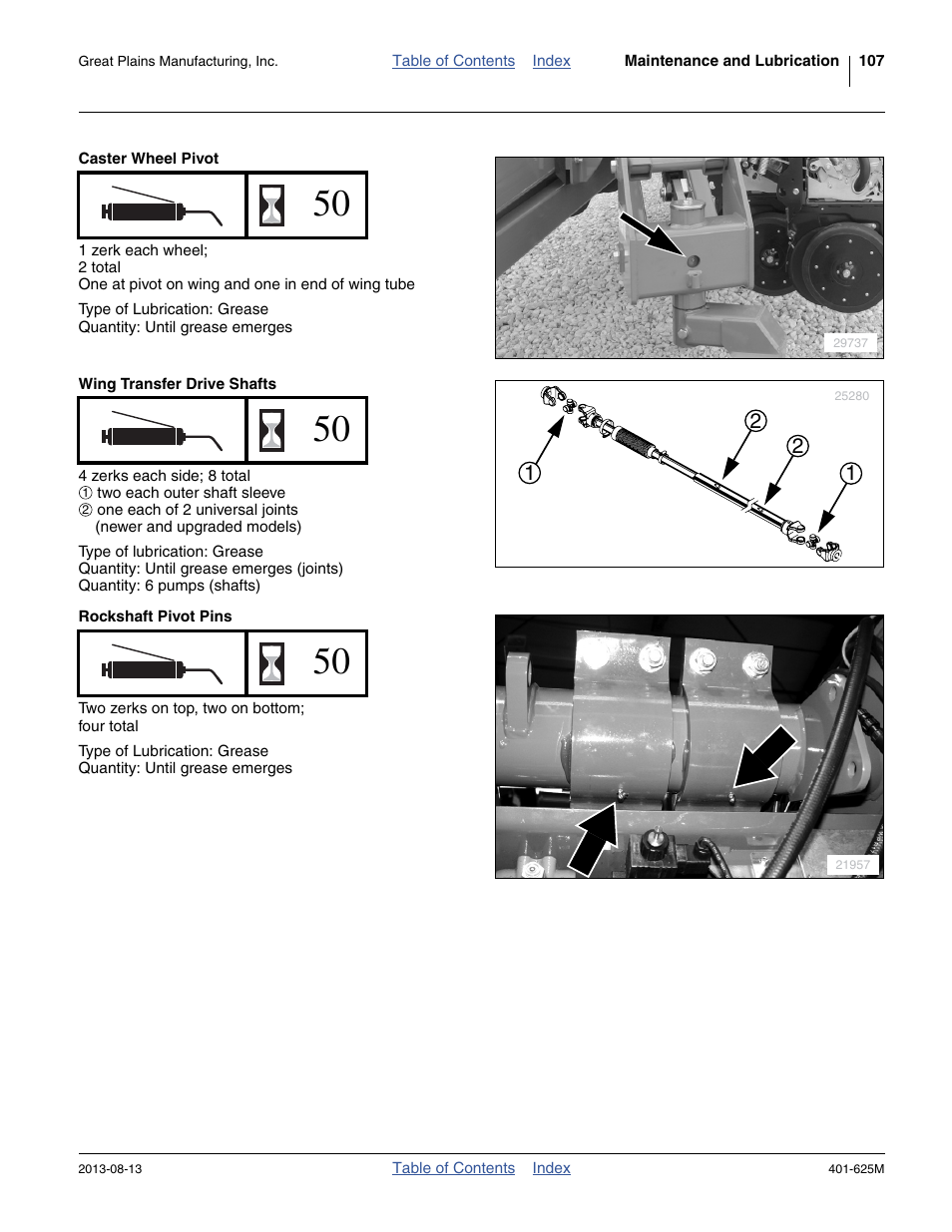Caster wheel pivot, Wing transfer drive shafts, Rockshaft pivot pins | Great Plains YP1625A Operator Manual User Manual | Page 111 / 172