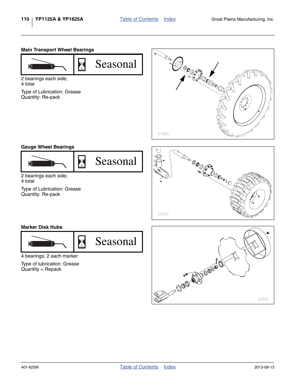 Main transport wheel bearings, Gauge wheel bearings, Marker disk hubs | Seasonal | Great Plains YP1625A Operator Manual User Manual | Page 114 / 172