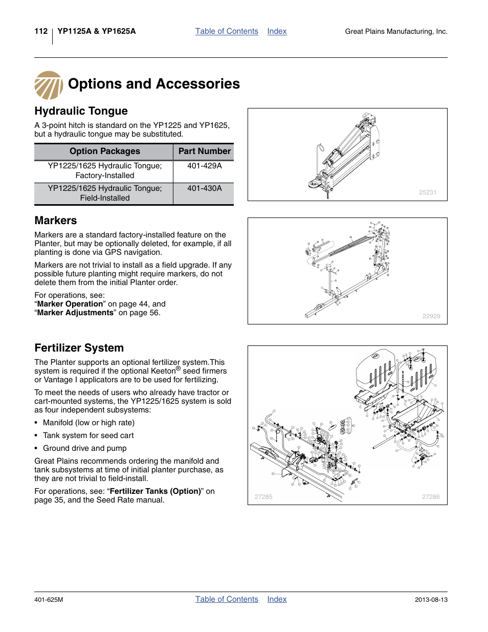 Options and accessories, Hydraulic tongue, Markers | Fertilizer system | Great Plains YP1625A Operator Manual User Manual | Page 116 / 172