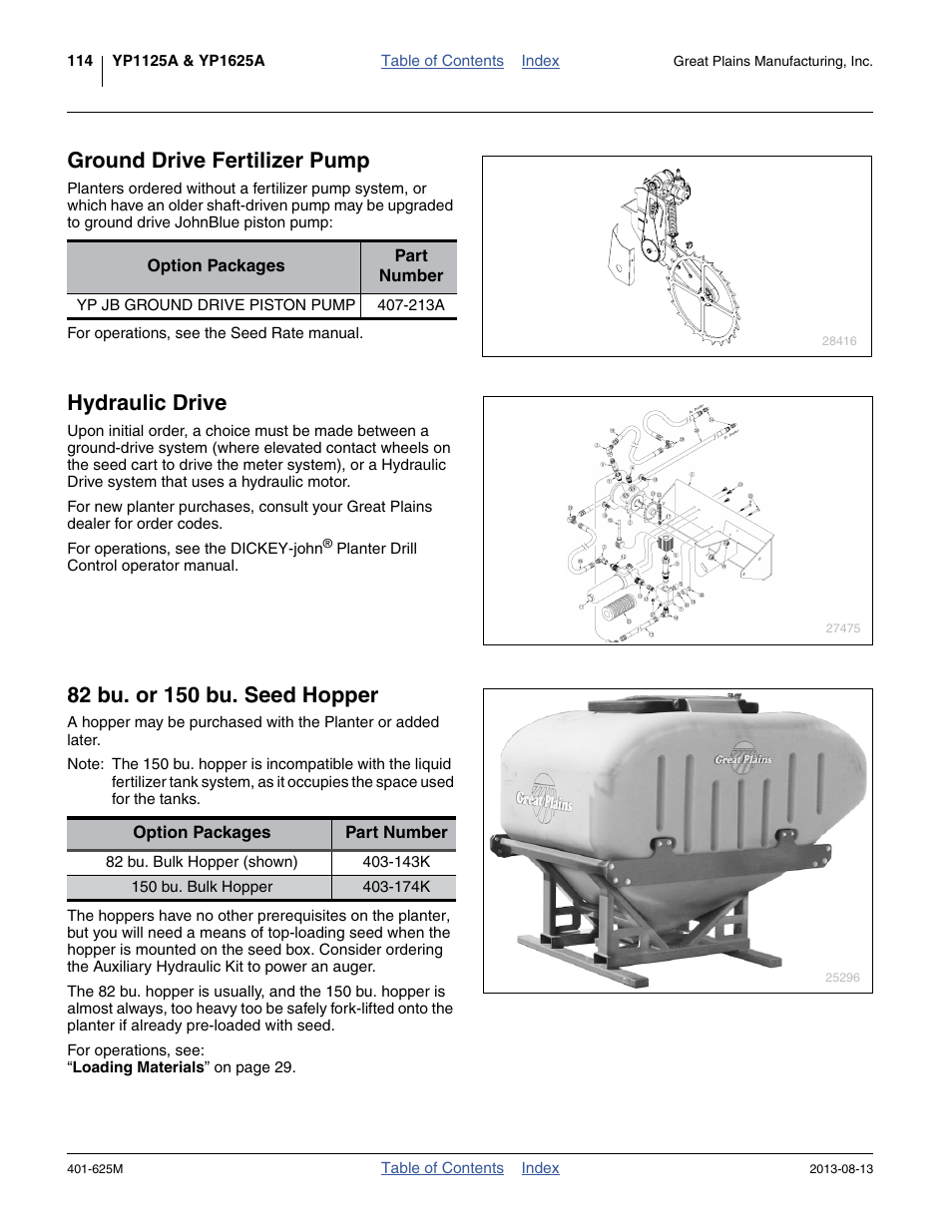Ground drive fertilizer pump, Hydraulic drive, 82 bu. or 150 bu. seed hopper | Great Plains YP1625A Operator Manual User Manual | Page 118 / 172