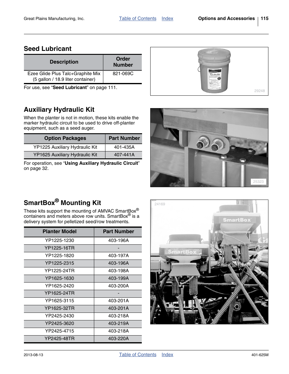 Seed lubricant, Auxiliary hydraulic kit, Smartbox® mounting kit | The auxiliary hydraulic kit to po, Smartbox, Mounting kit | Great Plains YP1625A Operator Manual User Manual | Page 119 / 172