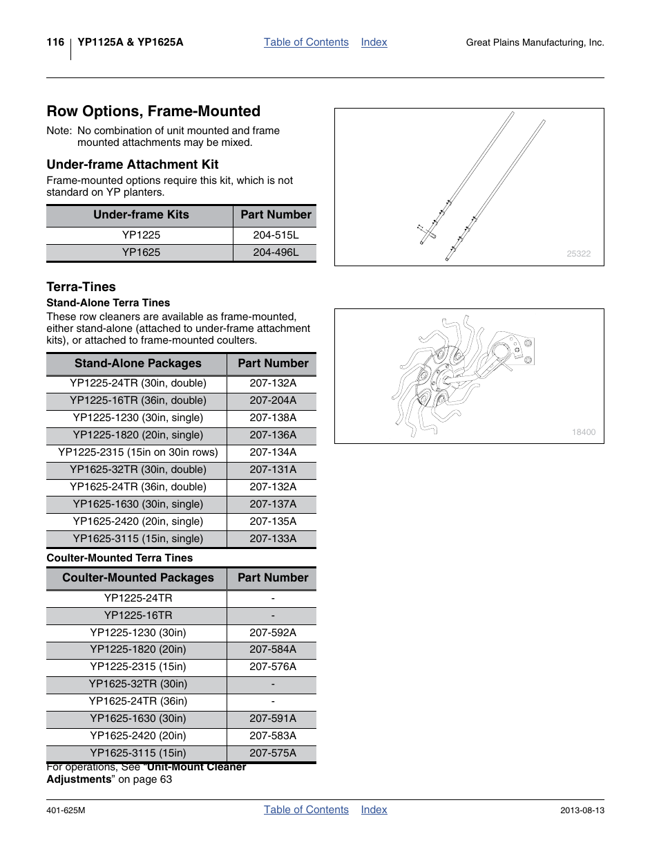 Row options, frame-mounted, Under-frame attachment kit, Terra-tines | Stand-alone terra tines, Coulter-mounted terra tines | Great Plains YP1625A Operator Manual User Manual | Page 120 / 172