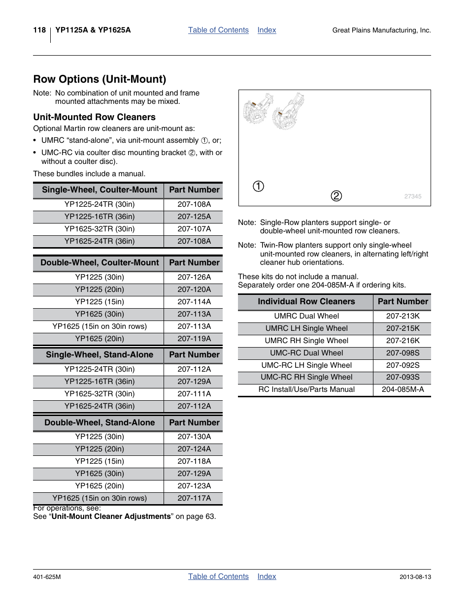 Row options (unit-mount), Unit-mounted row cleaners | Great Plains YP1625A Operator Manual User Manual | Page 122 / 172