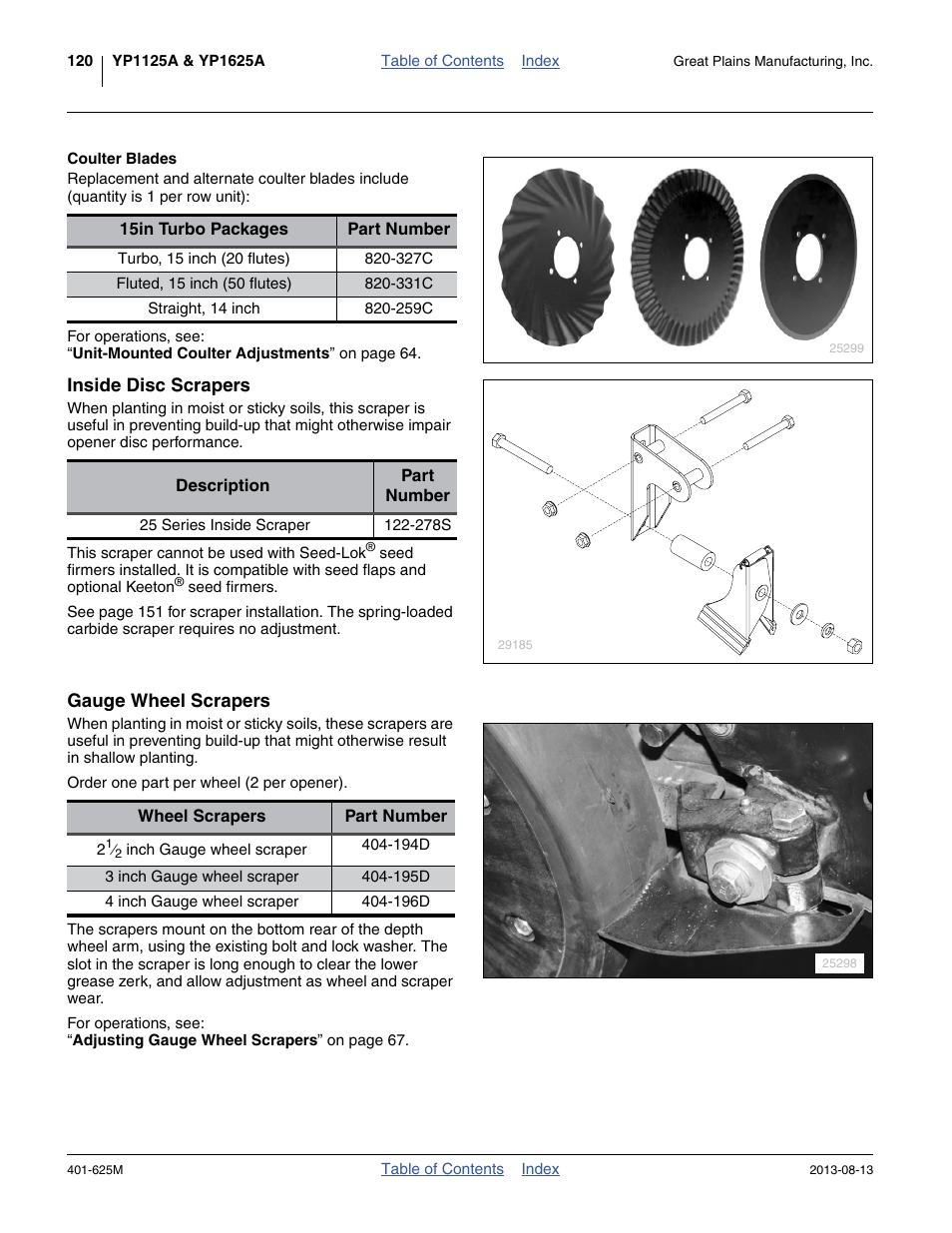 Coulter blades, Inside disc scrapers, Gauge wheel scrapers | Great Plains YP1625A Operator Manual User Manual | Page 124 / 172