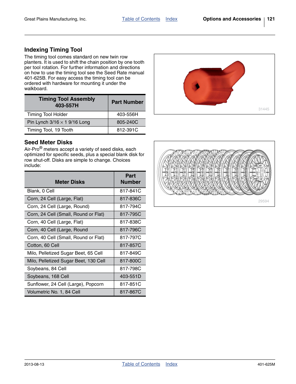 Indexing timing tool, Seed meter disks | Great Plains YP1625A Operator Manual User Manual | Page 125 / 172