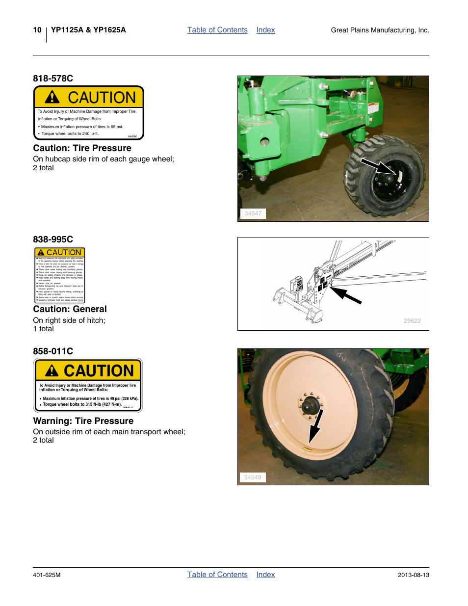 578c caution: tire pressure, 995c caution: general, 011c warning: tire pressure | Caution | Great Plains YP1625A Operator Manual User Manual | Page 14 / 172