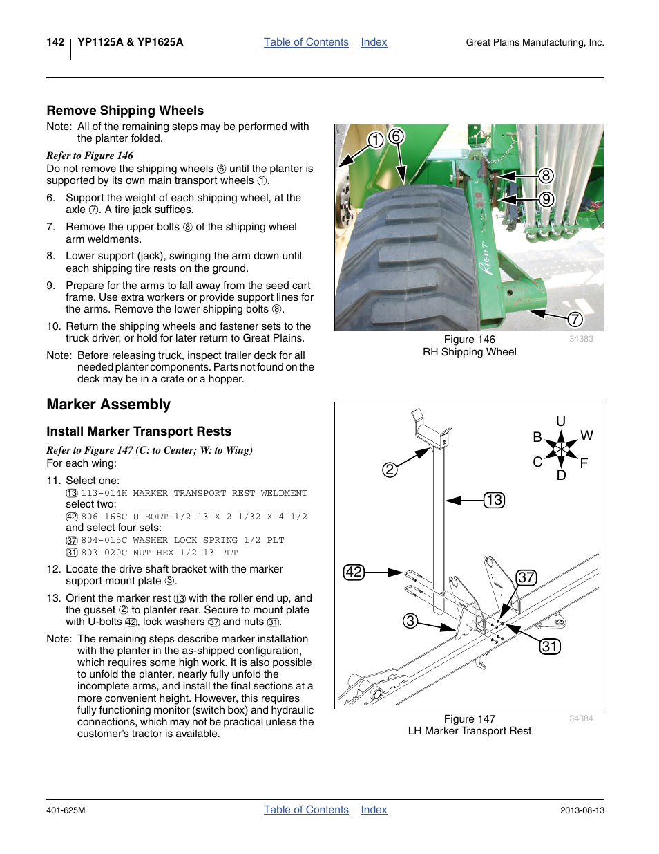 Remove shipping wheels, Marker assembly, Install marker transport rests | Great Plains YP1625A Operator Manual User Manual | Page 146 / 172