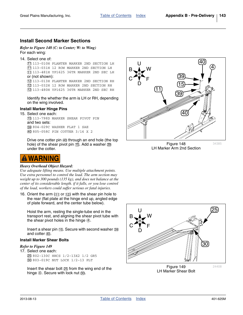 Install second marker sections, Install marker hinge pins, Install marker shear bolts | Great Plains YP1625A Operator Manual User Manual | Page 147 / 172