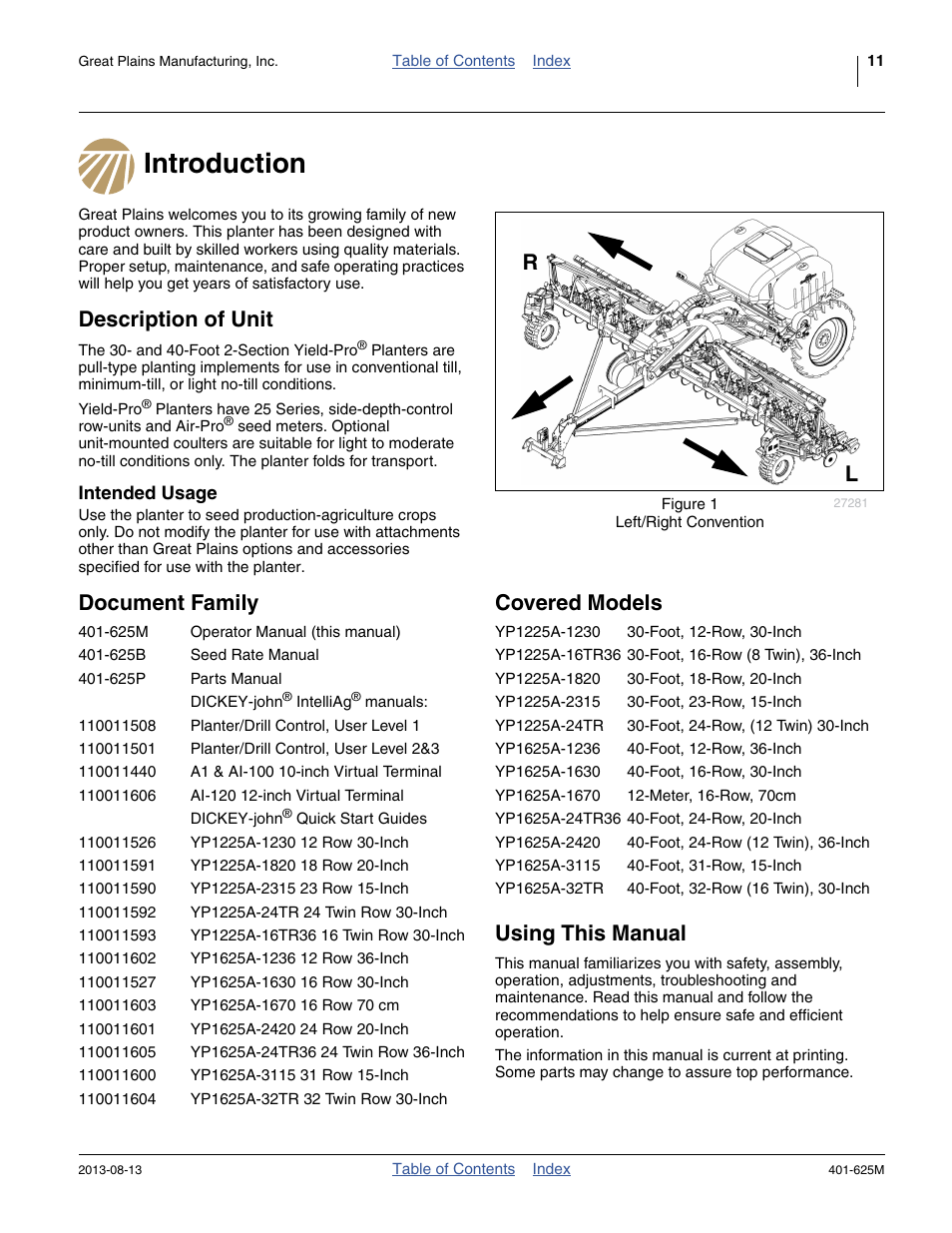 Introduction, Description of unit, Intended usage | Document family, Covered models, Using this manual, Introduction description of unit, Document family covered models using this manual | Great Plains YP1625A Operator Manual User Manual | Page 15 / 172