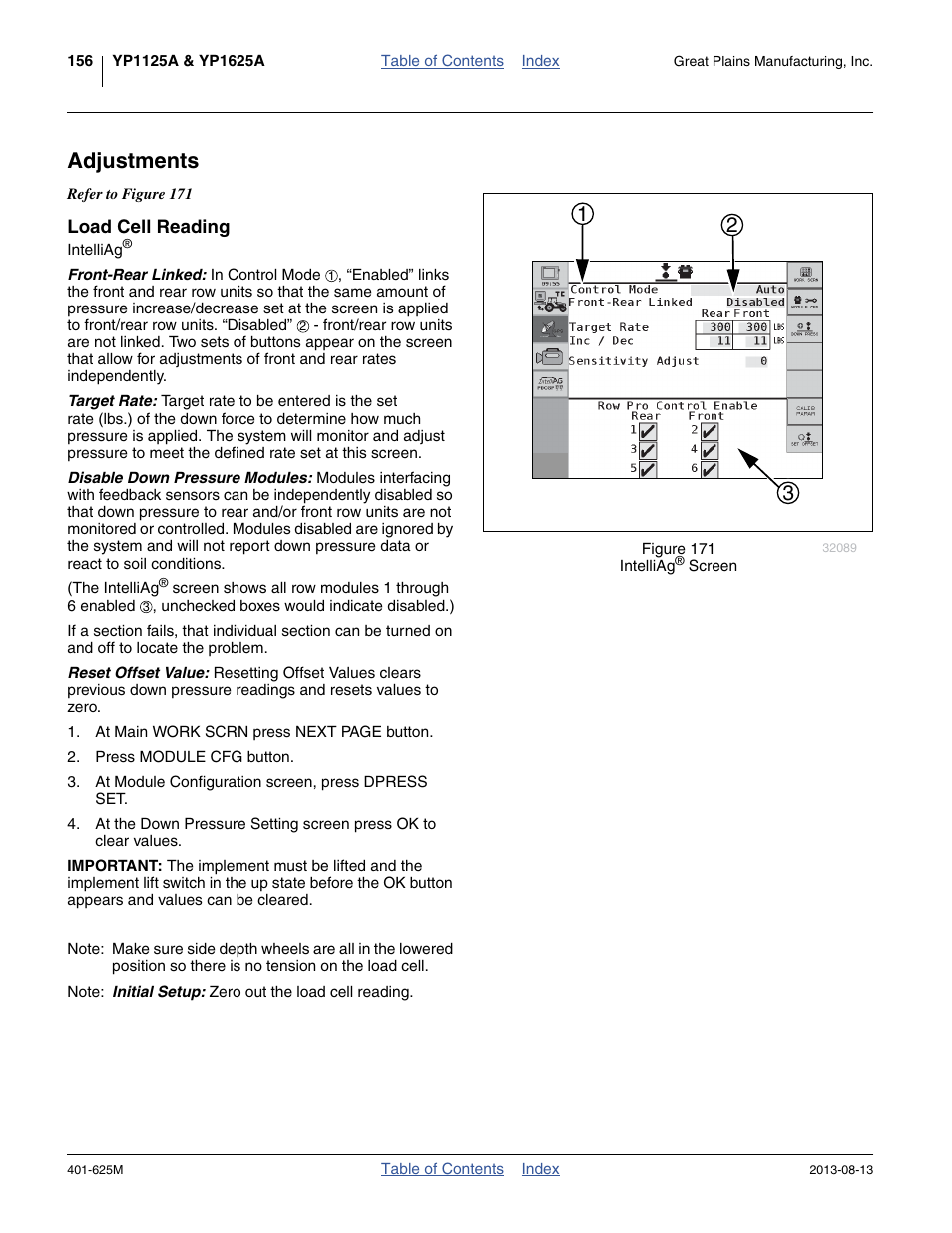 Adjustments, Load cell reading | Great Plains YP1625A Operator Manual User Manual | Page 160 / 172