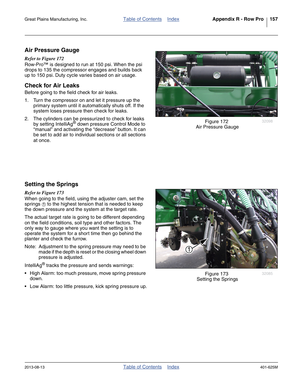 Air pressure gauge, Check for air leaks, Setting the springs | Great Plains YP1625A Operator Manual User Manual | Page 161 / 172