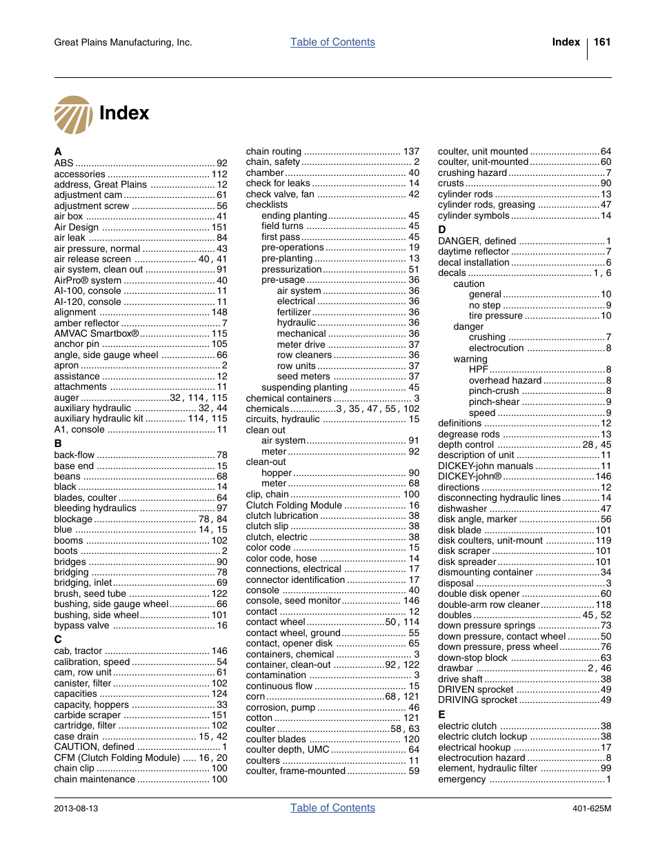 Index | Great Plains YP1625A Operator Manual User Manual | Page 165 / 172