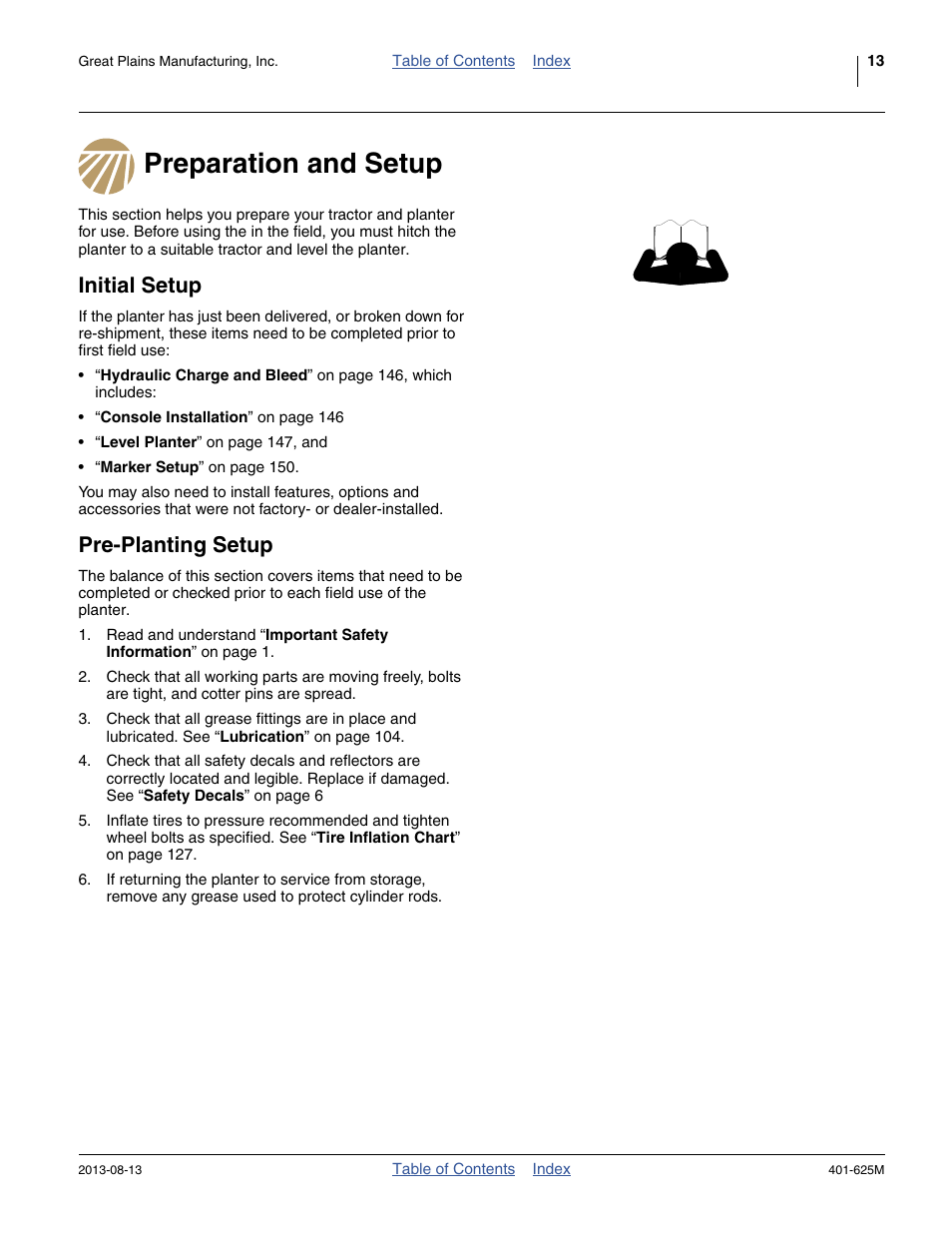 Preparation and setup, Initial setup, Pre-planting setup | Great Plains YP1625A Operator Manual User Manual | Page 17 / 172