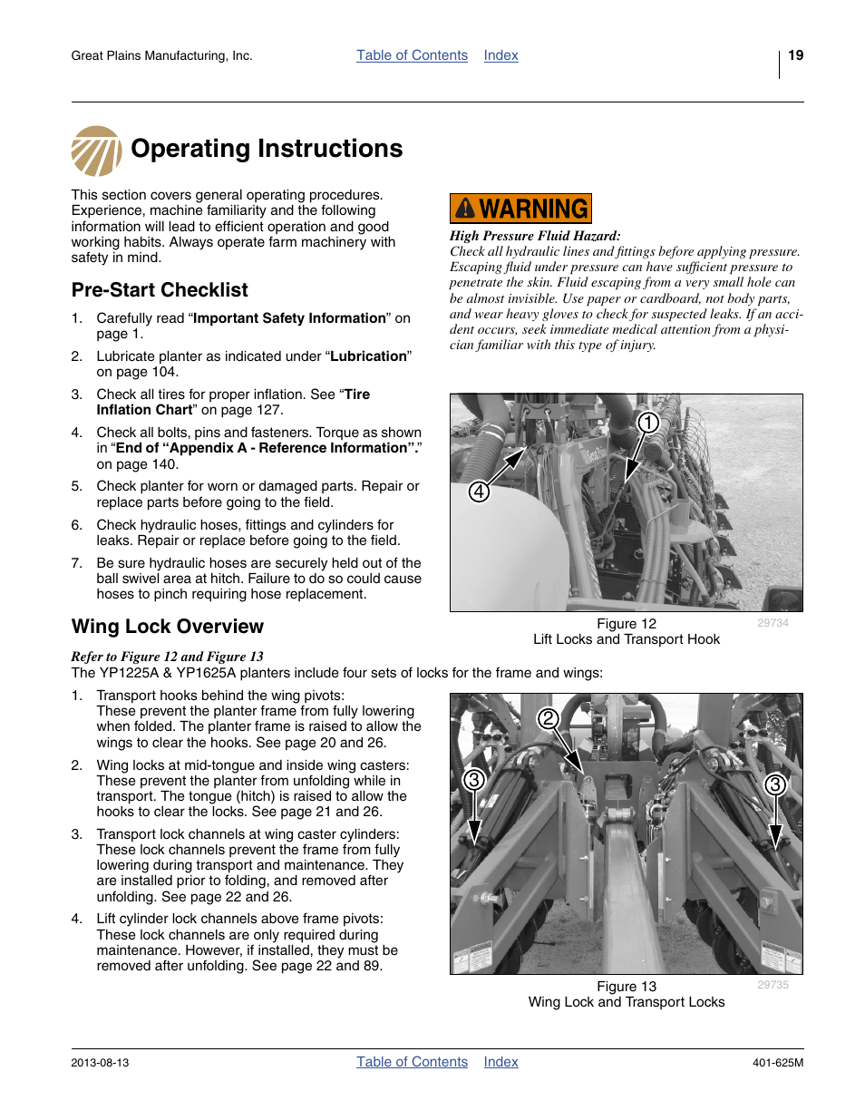 Operating instructions, Pre-start checklist, Wing lock overview | Great Plains YP1625A Operator Manual User Manual | Page 23 / 172