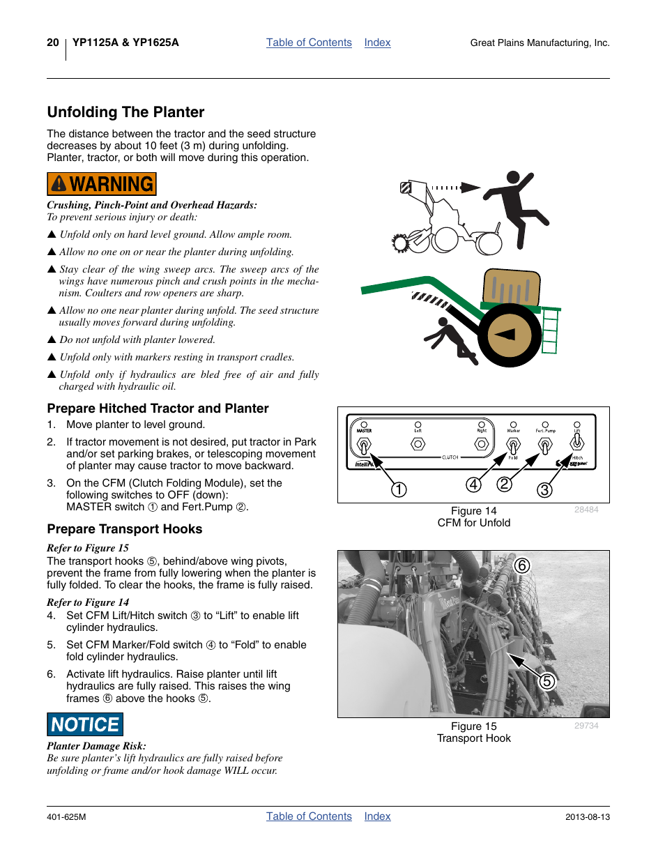 Unfolding the planter, Prepare hitched tractor and planter, Prepare transport hooks | Great Plains YP1625A Operator Manual User Manual | Page 24 / 172