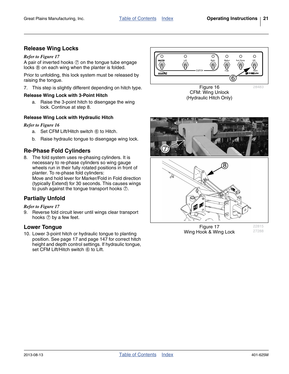 Release wing locks, Release wing lock with 3-point hitch, Release wing lock with hydraulic hitch | Re-phase fold cylinders, Partially unfold, Lower tongue | Great Plains YP1625A Operator Manual User Manual | Page 25 / 172