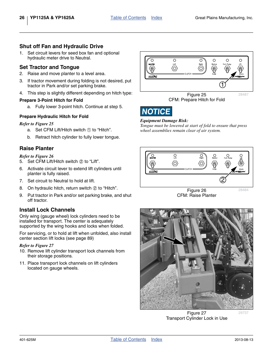 Shut off fan and hydraulic drive, Set tractor and tongue, Prepare 3-point hitch for fold | Prepare hydraulic hitch for fold, Raise planter, Install lock channels, Raise planter install lock channels | Great Plains YP1625A Operator Manual User Manual | Page 30 / 172