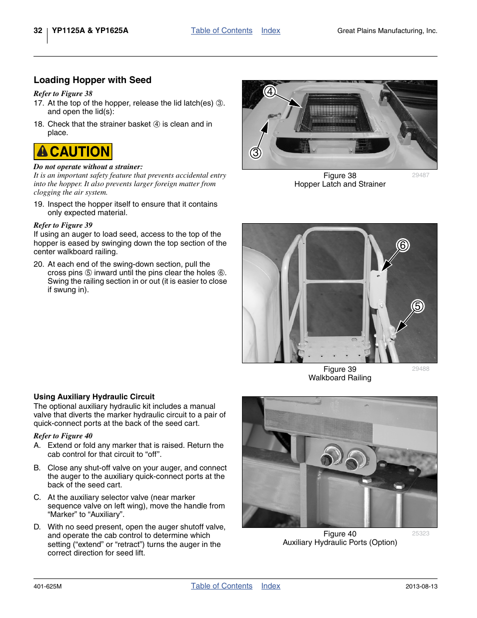 Loading hopper with seed, Using auxiliary hydraulic circuit | Great Plains YP1625A Operator Manual User Manual | Page 36 / 172