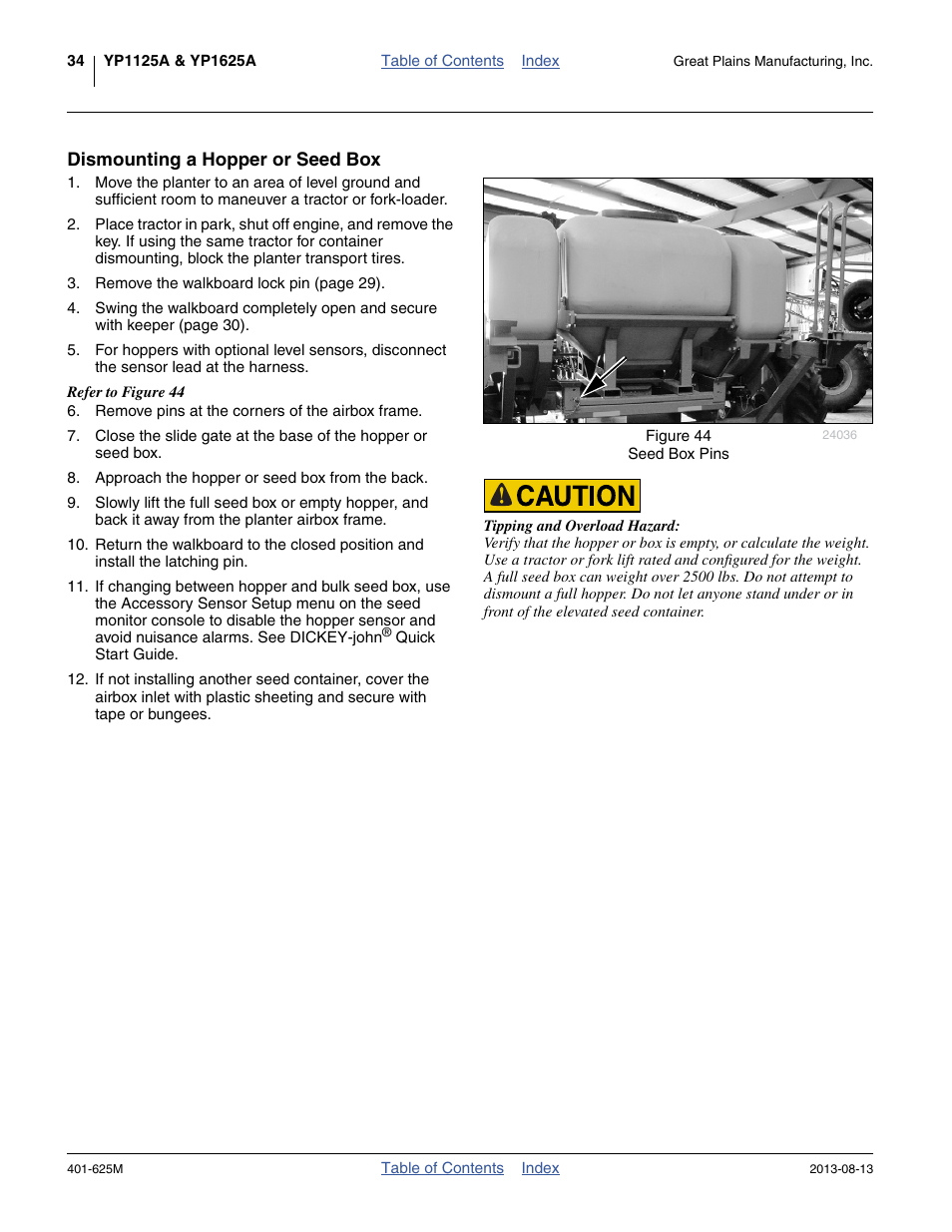 Dismounting a hopper or seed box | Great Plains YP1625A Operator Manual User Manual | Page 38 / 172