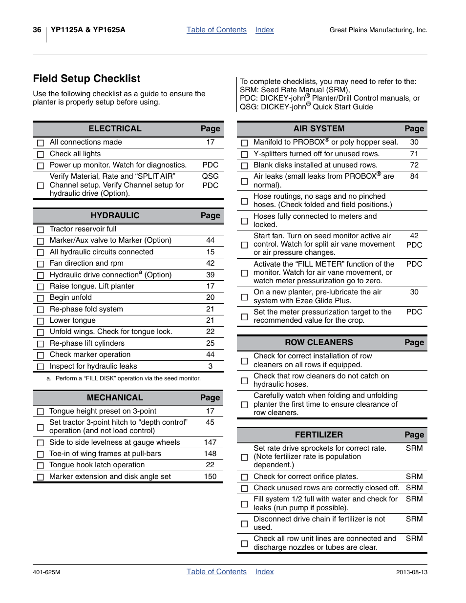 Field setup checklist | Great Plains YP1625A Operator Manual User Manual | Page 40 / 172