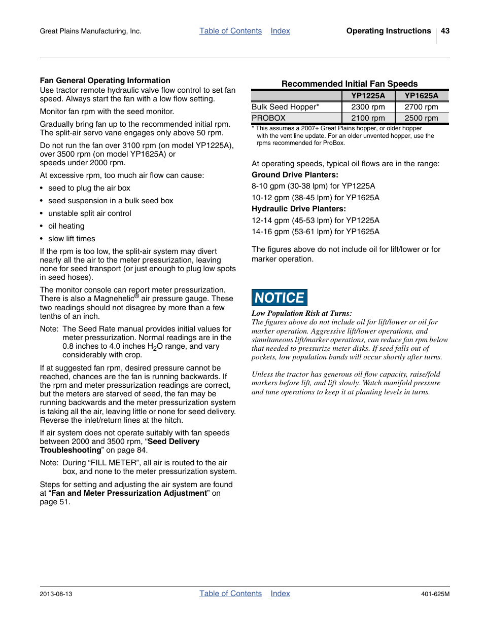 Fan general operating information, Recommended initial fan speeds | Great Plains YP1625A Operator Manual User Manual | Page 47 / 172