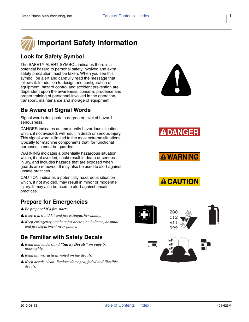 Important safety information, Look for safety symbol, Be aware of signal words | Prepare for emergencies, Be familiar with safety decals | Great Plains YP1625A Operator Manual User Manual | Page 5 / 172
