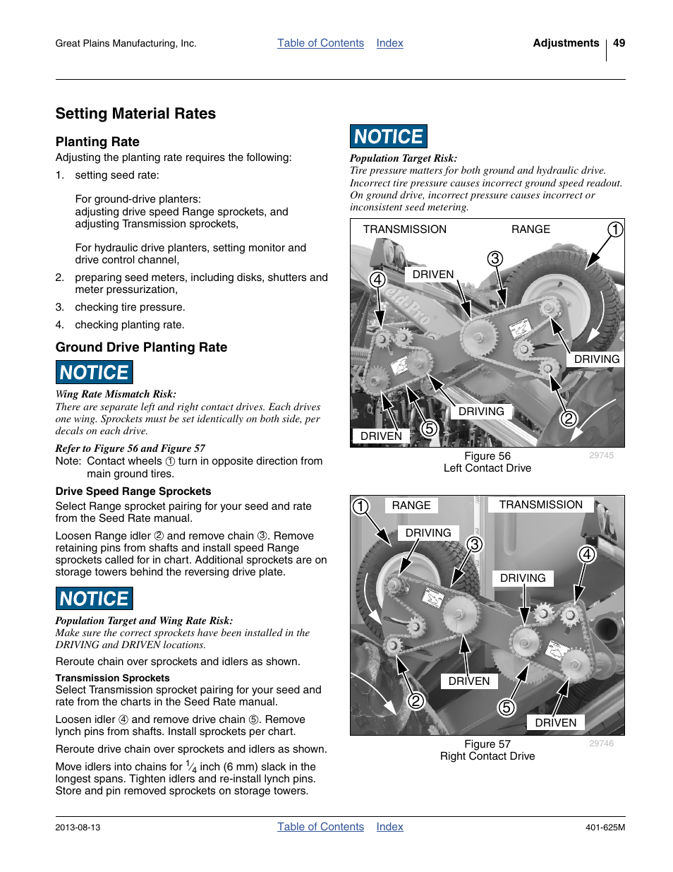 Setting material rates, Planting rate, Ground drive planting rate | Drive speed range sprockets, Transmission sprockets | Great Plains YP1625A Operator Manual User Manual | Page 53 / 172