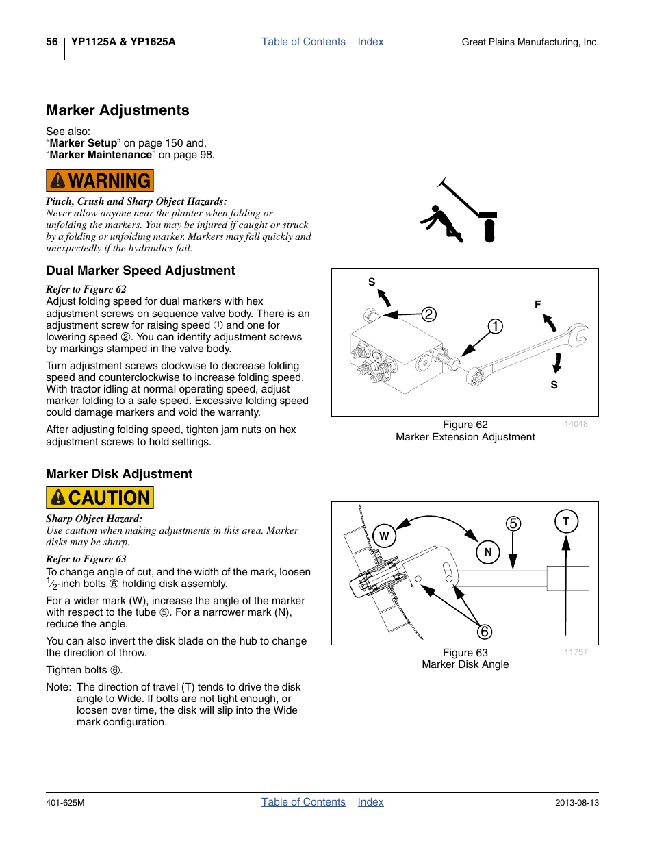 Marker adjustments, Dual marker speed adjustment, Marker disk adjustment | Great Plains YP1625A Operator Manual User Manual | Page 60 / 172