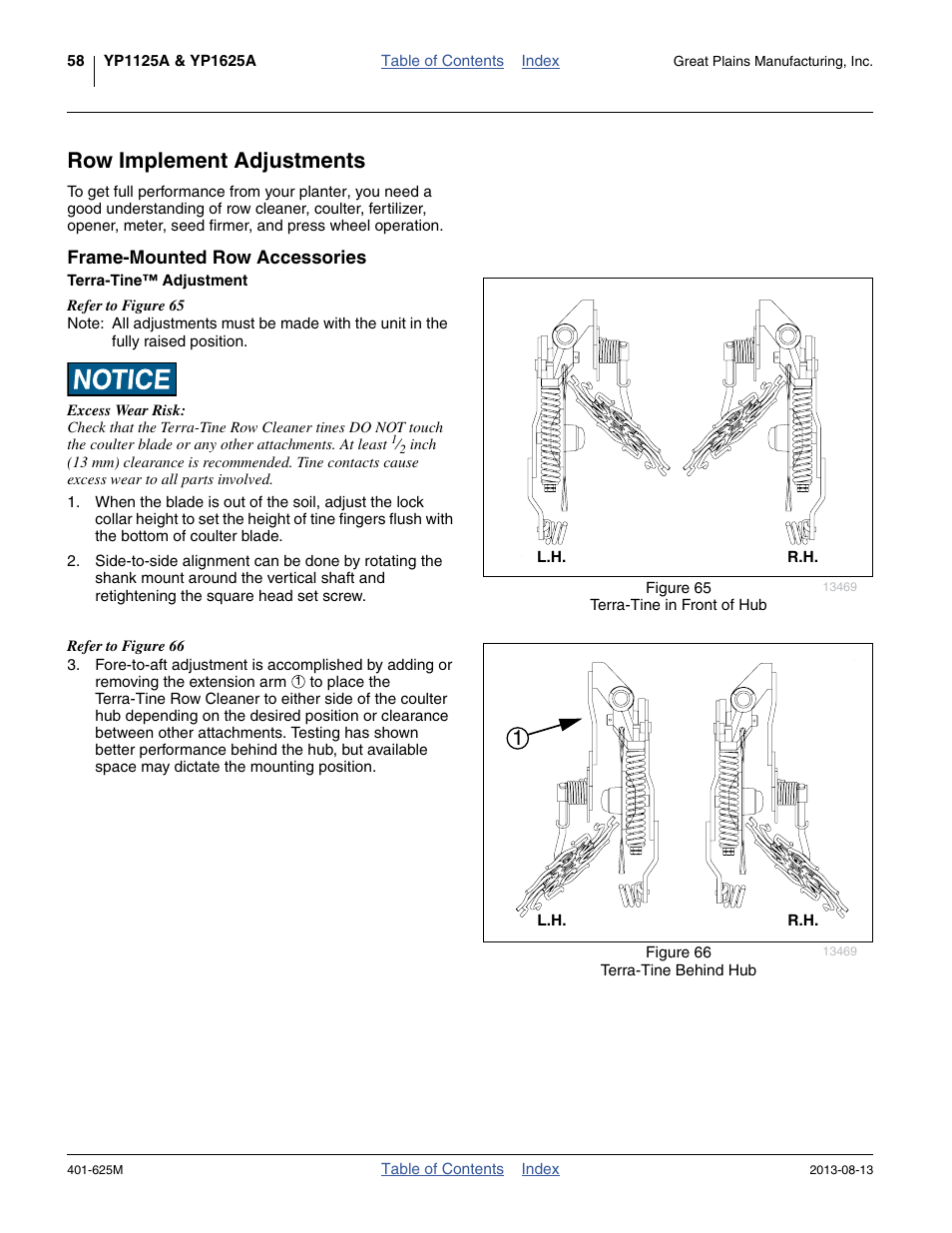 Row implement adjustments, Frame-mounted row accessories, Terra-tine™ adjustment | Great Plains YP1625A Operator Manual User Manual | Page 62 / 172