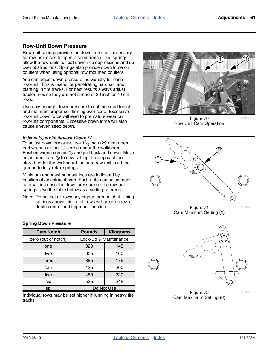 Row-unit down pressure, Spring down pressure | Great Plains YP1625A Operator Manual User Manual | Page 65 / 172