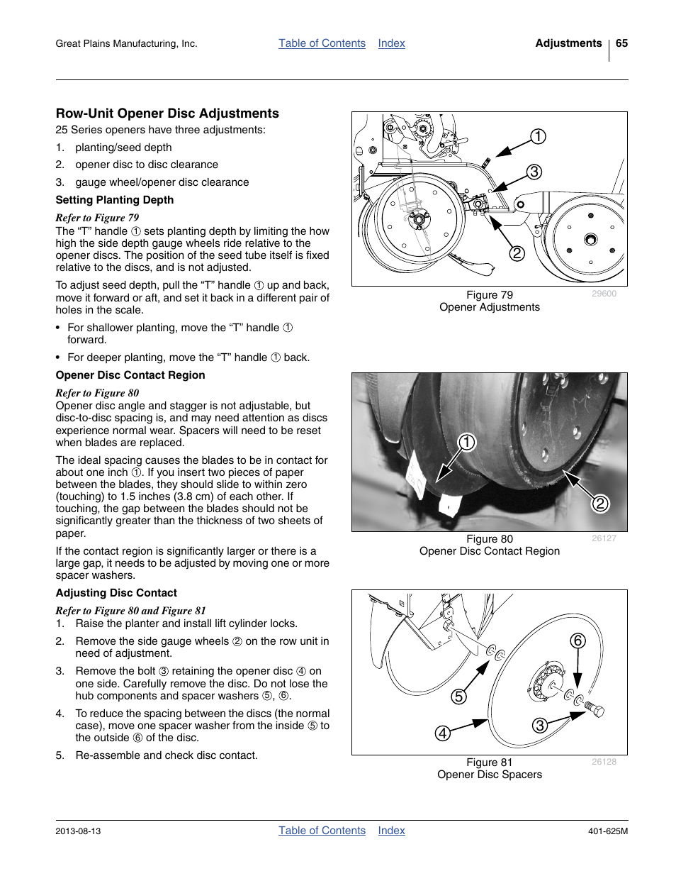 Row-unit opener disc adjustments, Setting planting depth, Opener disc contact region | Adjusting disc contact | Great Plains YP1625A Operator Manual User Manual | Page 69 / 172